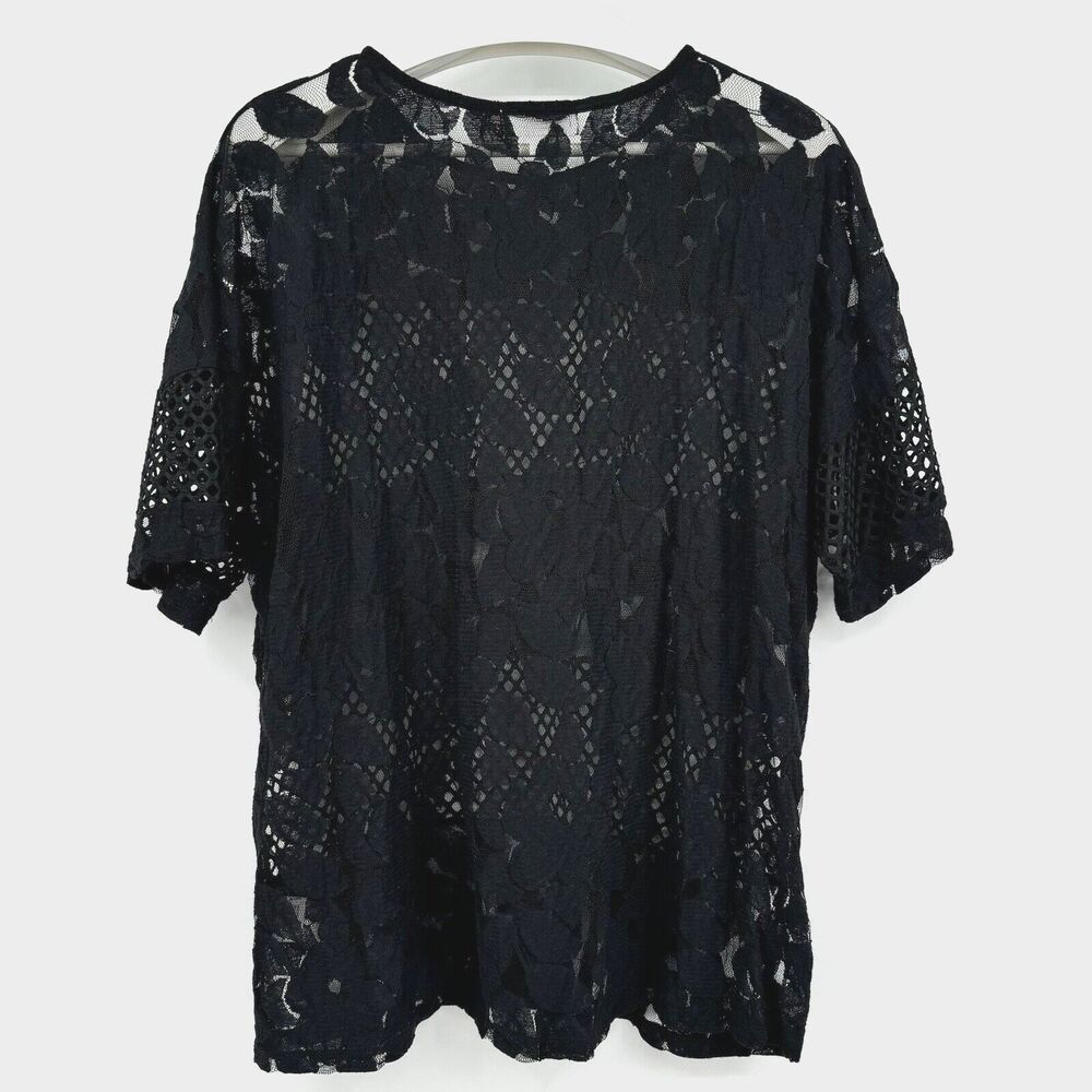 Shannon Ford New York Sheer Top Womens 3X Black Net Floral Lace Short Sleeve - Picture 2 of 11